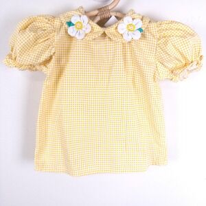 Vintage 90s Baby Togs Gingham Top Kids 6-9M Yellow Daisy Puff Sleeve Button Back
